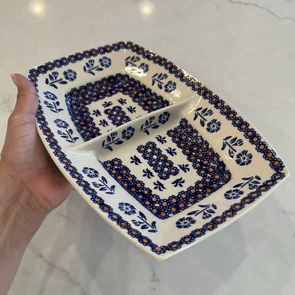 Manufaktura Boleslawcu Chip Dip Polish Pottery Divided Dish Floral Blue Red - Picture 4 of 8